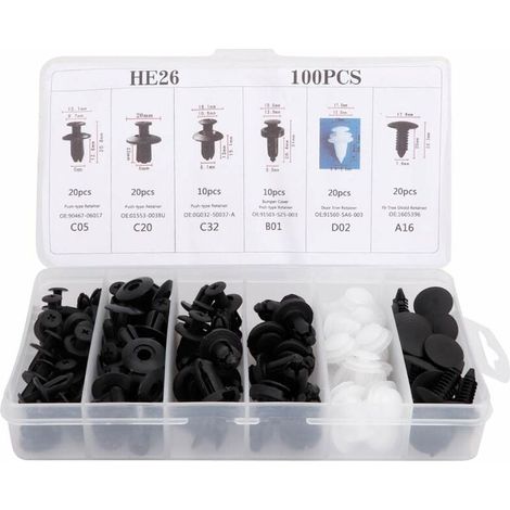 100 pièces Clip universel de garniture de porte, Kit de rivets poussoirs de voiture en plastique Clips de garniture de panneau de carte de porte Attache de fixation de pare-chocs (1/5)