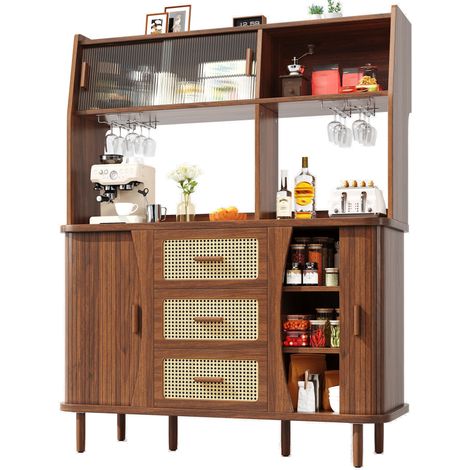 Buffet haut de qualité avec aspect rotin & portes coulissantes en verre, meuble de cuisine de 174,5 cm de haut avec espace de rangement, aspect bois naturel/noyer, charge supportée jusqu’à 60 kg (1/5)