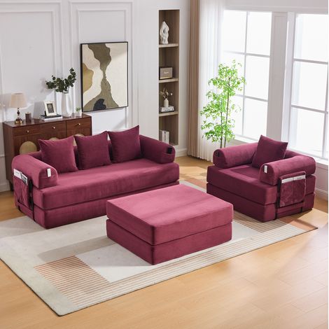 Divano modulare 4 posti in velluto a coste bordeaux, struttura metallica, cuscini e pouf OKWISH (1/5)
