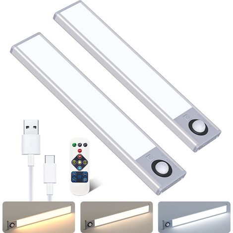 Lot de 2 lampes sous-meuble avec détecteur de mouvement, avec télécommande et minuterie, veilleuse magnétique à intensité variable, 30cm (1/5)