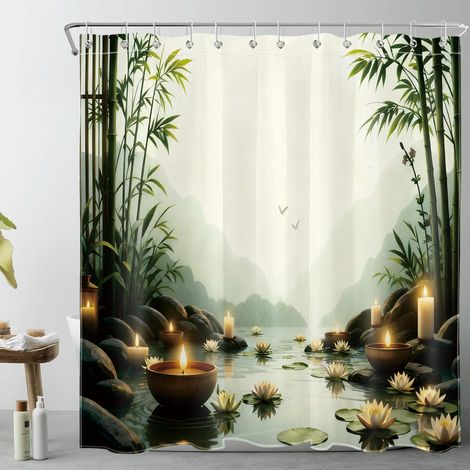 Spa Zen Rideaux de Douche 180x200cm Fleur de Lily de forêt de Bambou Vert Rideaux de Bain avec Crochets,Paysage montagneux Extra Longue Imperméable Polyester Anti Moule Salle de Bain Décor (1/5)