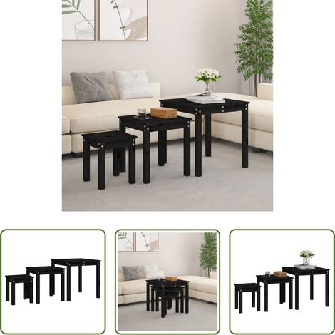 Bois de pin - Tables gigognes 3 pcs Noir Bois de pin massif (1/5)