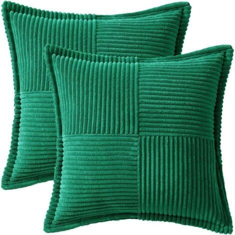 Decorative Cushion Covers for Sofa Bed Living Room, 35x35cm, Set of 2, Green Decorative Throw Pillows, Bohemian Style, Soft Corduroy Side Striped Pillowcases (1/5)