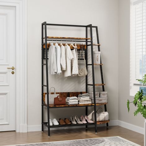 Porte-manteaux industriel indépendant avec étagères de rangement. Modèle rétro marron multifonction pour ranger vêtements et chaussures. (1/5)