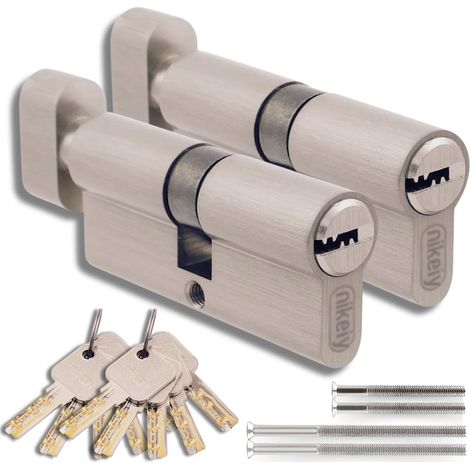Cylindre De Serrure - Laiton - 45 mm - Bouton Intérieur - Clé Unique - Pour Porte Garage Bois Métal PVC - Lot De 2 (1/5)