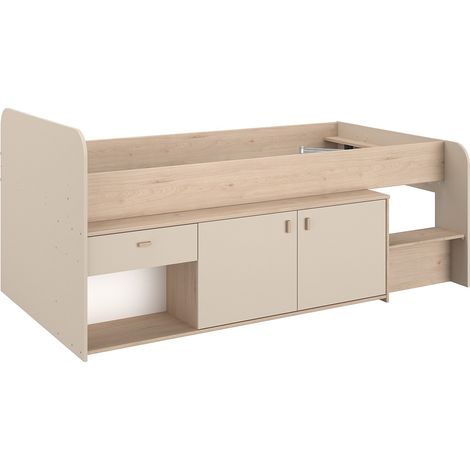 Letto mezza altezza 90 x 190/200 cm con contenitore – Beige e naturale - LUNOBI