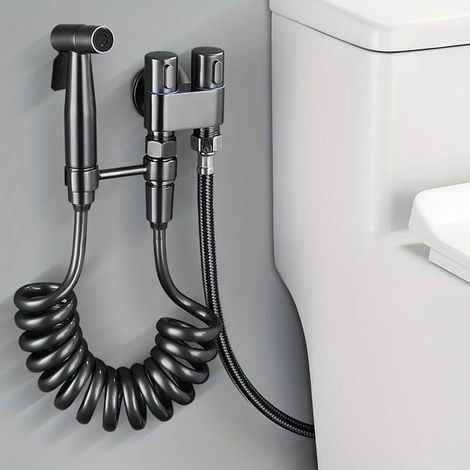KLVGTIFS PU - Ensemble toilettes portable: vanne murale 1 entrée/2 sorties, pistolet inox, tuyau rétractable, support. (1/5)