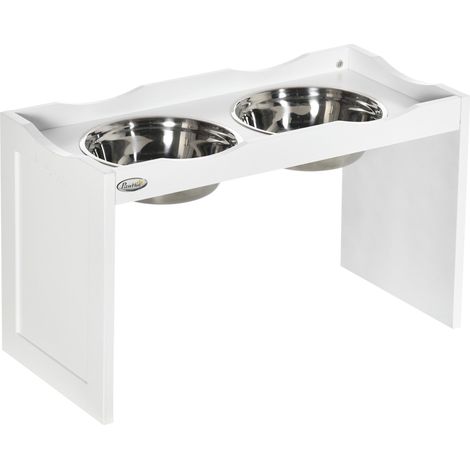 Station d'alimentation, support pour gamelles, 2 gamelles (2 litres chacune), acier inoxydable, pour grands chiens, blanc, 63 x 30 x 24 cm