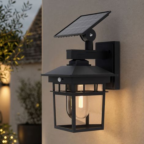 Applique murale solaire LED rétro, étanche IP65, lumière chaude, détection de mouvement, ABS noir, 36cm, pour jardin et terrasse