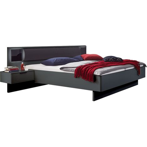 Schlafzimmer Bett 180x200 mit Polsterkopfteil und beleuchteten Nachtschränken in graphit, BRIXEN-43, B/H/T ca. 289/92/210 cm (1/5)