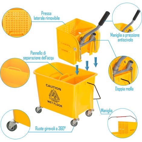 Seau de lavage pro 20L à roulettes avec chariot, essoreuse, séparateur, poignée, 4 roues plastique, 60x27x70.5 cm, jaune