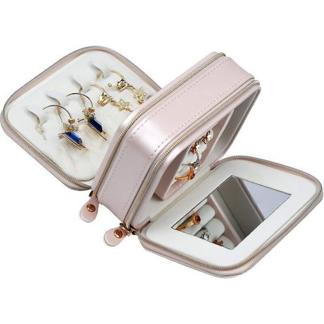 Petite boîte à bijoux avec miroir, mini boîte à bijoux de voyage à 2 niveaux en PU, organiseur de bijoux portable pour femmes et filles (rose) (1/3)