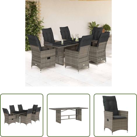 Gartentisch - 7-tlg. Garten-Essgruppe mit Kissen Grau Poly Rattan (1/5)