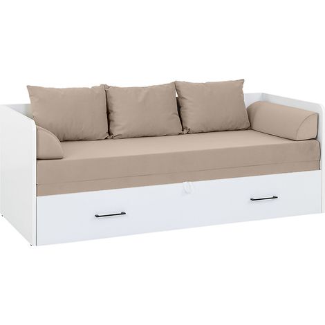 Lit, canapé convertible 80-160x200 cm coloris Blanc Brillant avec coffre de rangement, matelas et 3 oreillers beiges - Longueur 200,5 x Profondeur 79/154 x Hauteur 73 cm (1/5)