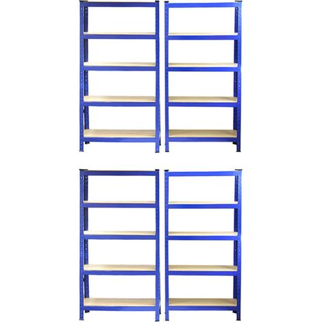 4 Estanterías Azules T-Rax Sin Tornillos 75x30x150cm con 5 Estantes Almacenamiento Almacenaje Herramientas Taller Almacén Garaje Estanterias Metalicas Industrial Capacidad Peso 150kg por Estante
