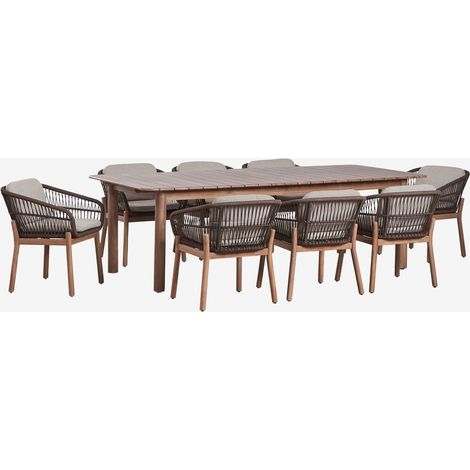 SKLUM Rechteckiger ausziehbarer Esstisch 250-310x105 cm Duala und 8 Gartenstühle aus Akazienholz und geflochtener Karvia-Schnur Akazie Braun