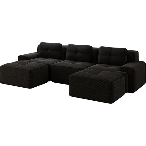 Sofá modular en U de pana negra con otomana, 3 plazas, sin montaje, HOMVRA (1/5)
