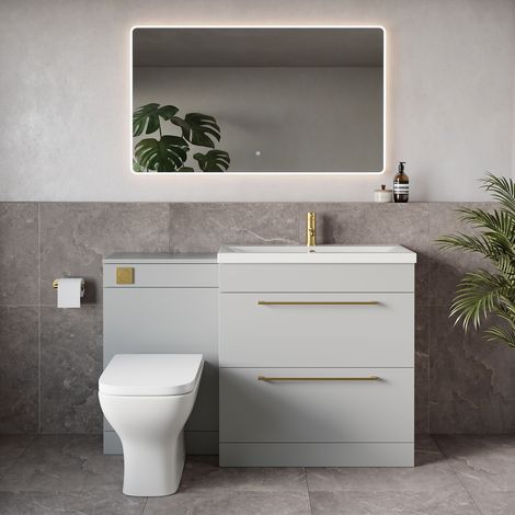 Napoli 390 Gloss Grey Pearl 1300mm 2 Drawer Vanity Unit Toilet Suite with Glide Basin - 1300mm - Brushed Brass 480mm HandleWith Kingston Toilet Pan and Seat