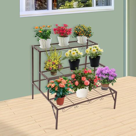Blumentreppe 3-stufig, Pflanzenregal aus Metall, Pflanzenständer mit 3 Ebenen, Freistehender Blumenständer Pflanzentreppe für Outdoor Indoor, Balkon, Garten, 70x58x60 cm (Bronze) (1/5)