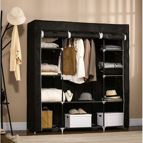 Stoffschrank 150x43x162.5 cm schwarz Stahl mit Kleiderstange, 10 Fächern und Reißverschluss (1/5)