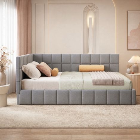 DESMIU Lit banquette 160 × 200 cm 2 places avec dossier réversible, sans matelas, en tissu gris (1/5)