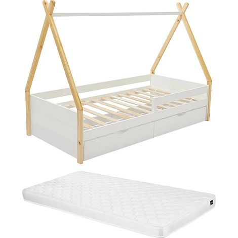 Lit tipi 90 x 190 cm avec tiroirs - Pin et MDF - Coloris : Blanc et naturel + Matelas - LUANCO (1/5)