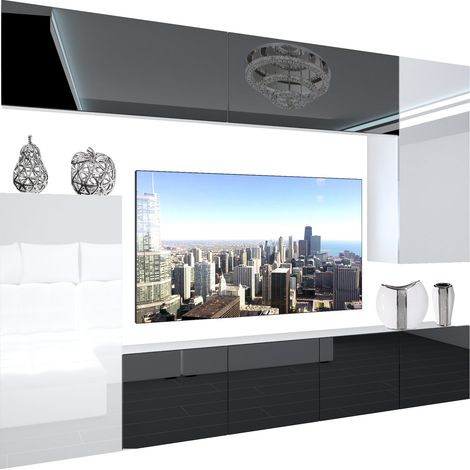 BELINI Wohnwand Wohnzimmer-Set Moderne Vollausstattung Schrankwand mit LED-Beleuchtung Anbauwand TV-Schrank Schwarz/Weiß