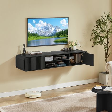 Mueble TV flotante de pared 160 cm negro de tablero aglomerado (1/5)