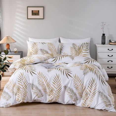 Housse de Couette 240x260 Feuilles de Palmier Tropicales Motif Or Blanc Parure de Doux Microfibre Lit Linge de Lit 2 Personne Adulte avec Fermeture Éclair avec Taies d'oreiller 65x65 cm (1/5)