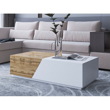 Bestmobilier – Table basse fixe 124 cm – Style industriel – Panneaux de particules mat et vernis – Résistante à l'humidité et aux rayures – 2 espaces de rangement (1/4)