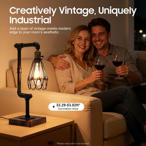 Lampe De Table Industrielle Rétro Lampe Chevet Métal Et Bois 46Cm, Avec Interrupteur Et Cordon 1,8M, E27 12W Max, Lampe Tuyau Eau Style Vintage Pour Chambre Salon Bureau Café Hôtel Bar (1/5)