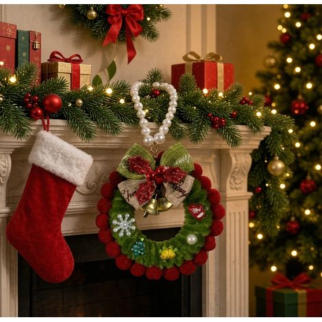 Kit créatif couronne de Noël pompons rouges, décoration faite‑main avec ruban pailleté (1/3)