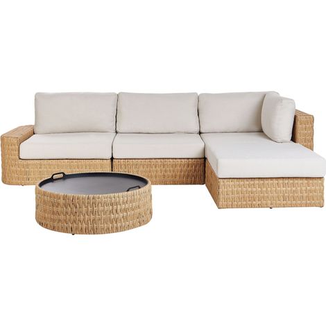Left-Hand Corner Sofa Garden Set Beige Cushions PE Rattan Wicker 4 Seater with Coffee Table Tray Top OLIVERI (1/5)