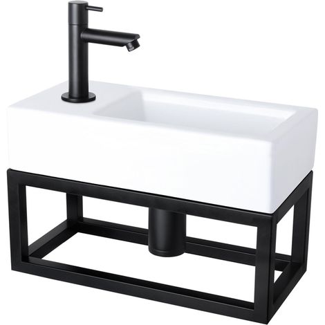 Differnz Helios kit lave-mains - 37,5x18,5x9,5cm - Rectangulaire - 1 trou de robinet gauche - Robinet noir mat droit - avec cadre noir - Céramique (1/5)