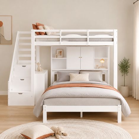 Litera con almacenaje (90x200 cm y 140x200 cm), con escalera guardaobjetos, mesa auxiliar móvil, madera y MDF blanca (1/5)