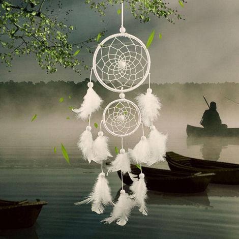 Atrapasueños de plumas, atrapasueños grande con 2 círculos para decoración del dormitorio, Navidad, móvil decorativo para colgar en la pared para niñas y niños - Regalo (Blanco) (1/5)
