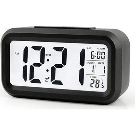 Reloj despertador digital - Reloj despertador - Incluye termómetro - Con función de repetición y luz - Negro (1/2)