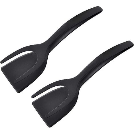 2er-Pack Kochspatel, 2-in-1 Silikonspatel und Zange, vielseitiger Pfannenwender für gebratenen Fisch, Kochwerkzeug für die heimische Küche – Gut-Black (1/5)