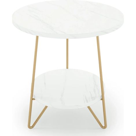 Tavolino rotondo da soggiorno a 2 ripiani bianco e oro 48 x 48 x 55 cm (1/5)