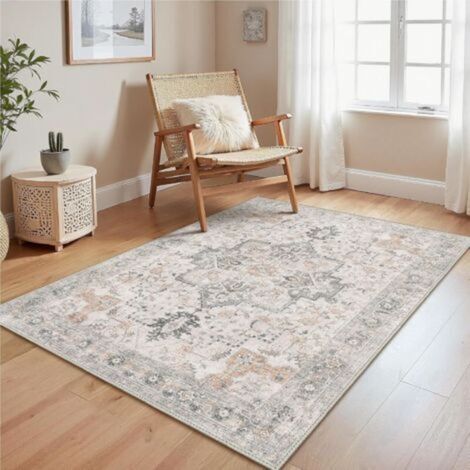 1 tapis de salon vintage gris-marron, 60 x 90 cm, envers antidérapant, lavable, poils ras, convient pour cuisines, salles à manger, bureaux et chambres (1/5)