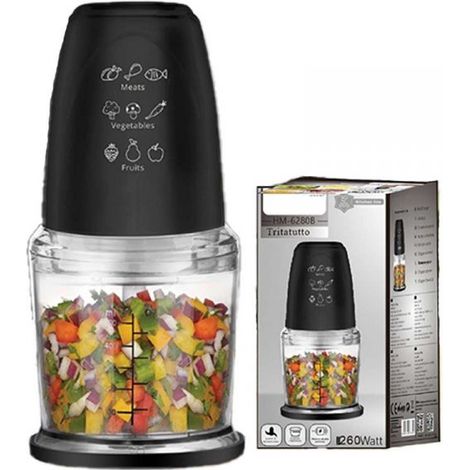 Tritatutto da Cucina Elettrico con Modalita Rapido 260W con Lama in Acciaio Inox Vassoio Capicita Max 500mL Nero