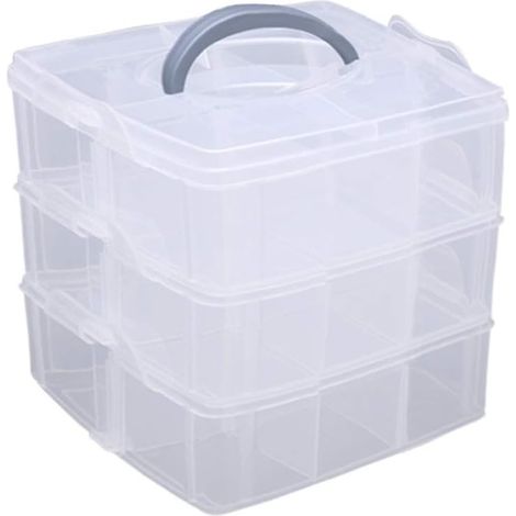 Stapelbare Aufbewahrungsbox aus transparentem Kunststoff mit 3 Ebenen, Sortierbox mit Griff, max. 18 Fächer