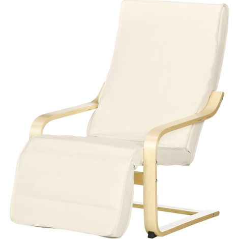 Relaxsessel Schwingstuhl, Ruhesessel, Relaxstuhl mit Verstellbarem Fußteil, Esszimmerstuhl mit Leinenoptik für Wohnzimmer, Birkenholz, Cremeweiß 66,5 x 94 x 100cm