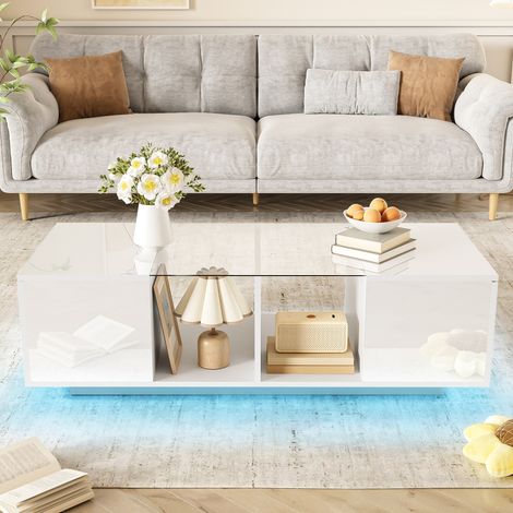 Mesa centro LED con almacenaje y cristal blanco 120 cm OKMYHOME (1/5)