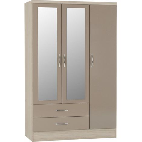 Nevada 3 Door 2 Drawer Mirrored Wardrobe - L52 x W116 x H182.5 cm - Oyster Gloss/Light Oak Effect Veneer