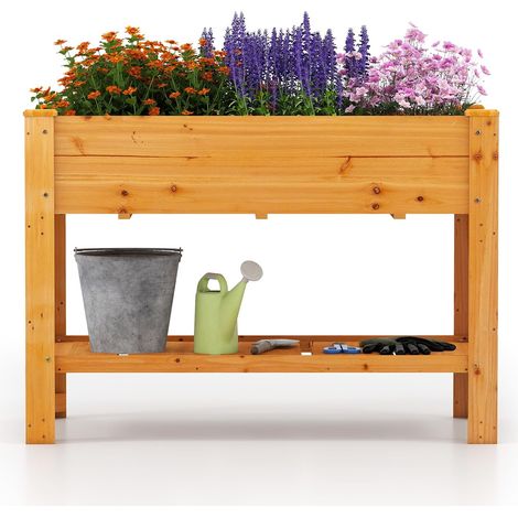 GOPLUS Carré Potager sur Pieds en Bois, Jardinière Surélevée & Étagère de Rangement, Trous de Drainage, Bac de Fleurs pour Herbes, Légumes, pour Jardin, Terrasse, Balcon, 120x60x81cm (Orange)