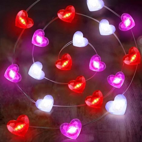 Guirnalda de luces LED con corazones,2 m,20 LED en rojo,blanco y morado,funciona con pilas,ideal para el Día de San Valentín (1/5)