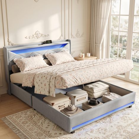 Doppelbett mit Bettkasten 160x200 cm, grauer Samt, LED & USB integriert, inkl. Lattenrost, skandinavisches Design