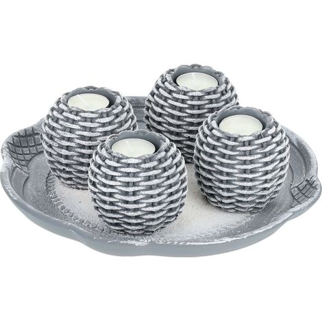 Relaxdays Candle Tray, Candle Set with 4 Tea Light Holders & Sand, for Living & Dining Room, Candleholder, Grey/White