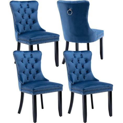 Lot de 4 chaises de salle à manger en velours bleu, capitonnées, pieds bois massif (1/5)